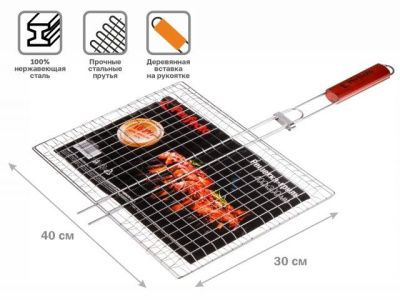 Решетка-гриль, 400x300 мм, нержавеющая сталь, деревянная ручка, PERFECTO LINEA 47-101227