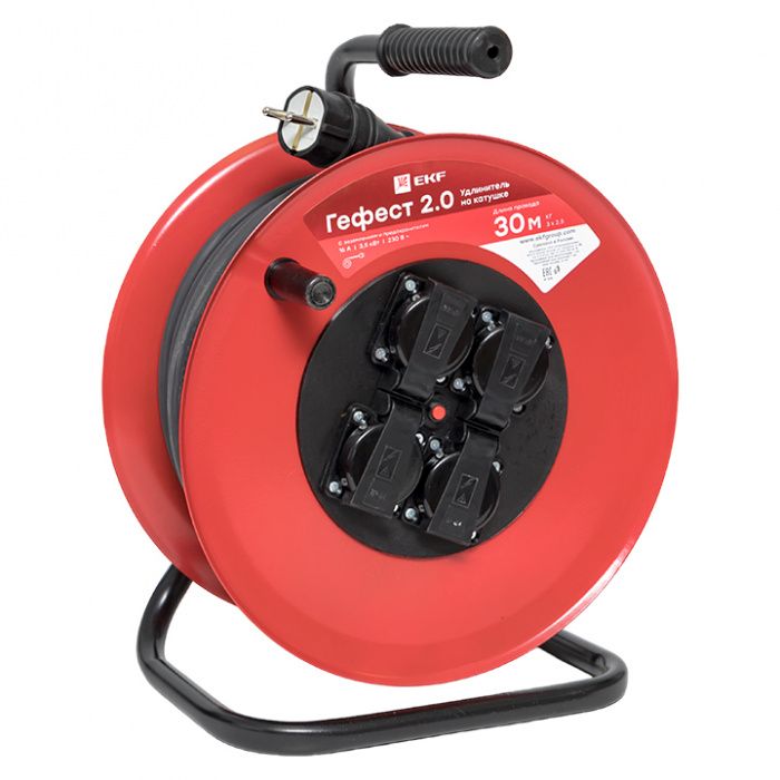 Удлинитель на катушке "Гефест 2,0" 4 гнезда 30м с заземлением и предохранителем КГ 3*2,5 16А/3,5кВт IP44 PROxima UKG02-16-R325-4-30-IP44