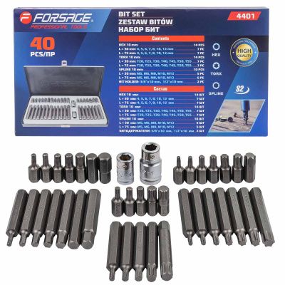 Набор бит Torx, HEX, Spline с битодержателями 40 пр., 70/35, T20-Т55, H4-H12, M5-M12 Forsage F-4401