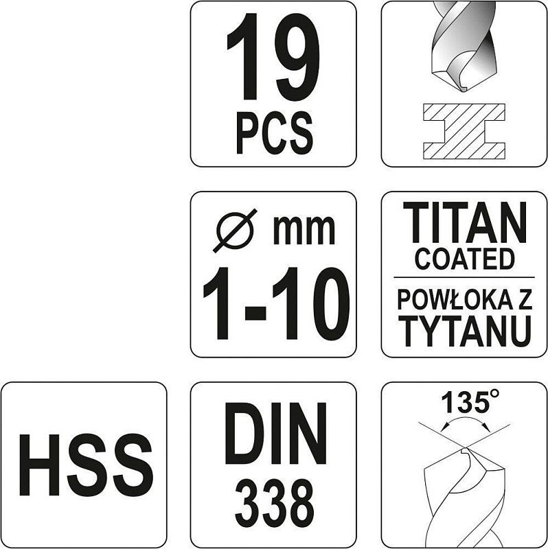 Набор сверл по металлу 1-10 мм. HSS-TiN 19 пр. Yato YT-44675