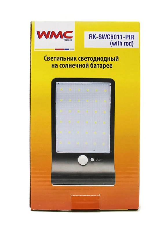 Светильник светодиодный на солнечной батарее с датч. движ-я и доп. креплением 5.5V,2.5W,18650Li,3.7V,2000mAh,36SMD Led,6500К,раб. время8-10ч,заряд.4-6 WMC TOOLS WMC-RK-SWC6011-PIR+доп.крепление