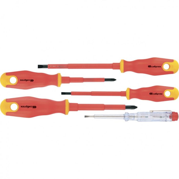 Набор отверток диэлектрических до 1000 В, 5 шт., тестер, CrV, Сибртех 12937