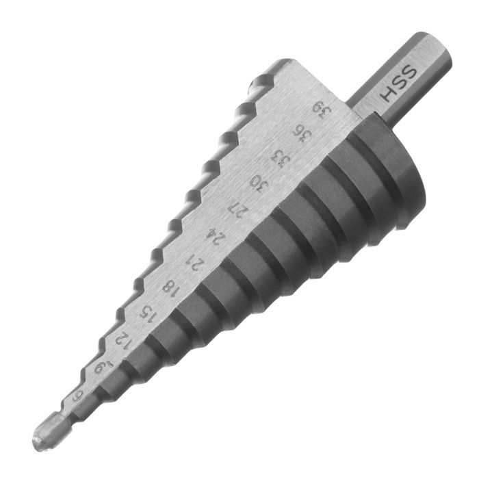 Сверло ступенчатое, 4-6-9-12-15-18-21-24-27-30-33-36-39 мм, Р6М5, трехгранный хвостовик Барс 72363
