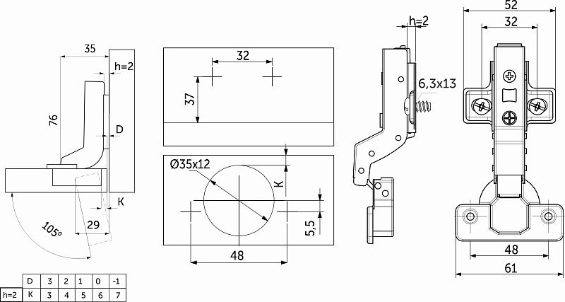 Петля внутренняя с доводчиком 48мм h2 clip-on, еврошурупы, заглушки, упак 2 шт., PRIME by AKS 113406