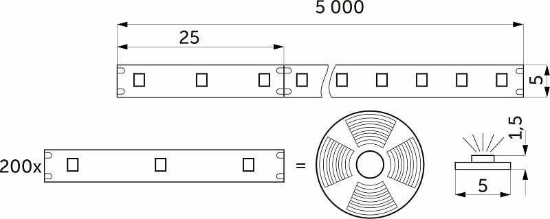 Лента светодиодная 9,6W/m, 12V, 5мм узкая, 2835, 120 д/м, IP20, холодный белый, 6000K, CRI>80, 1100 Lm, 5м, AKS 115316