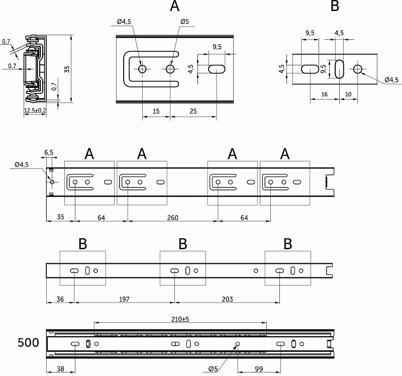 Направляющая шариковая L-500 h35 C AKS 113180