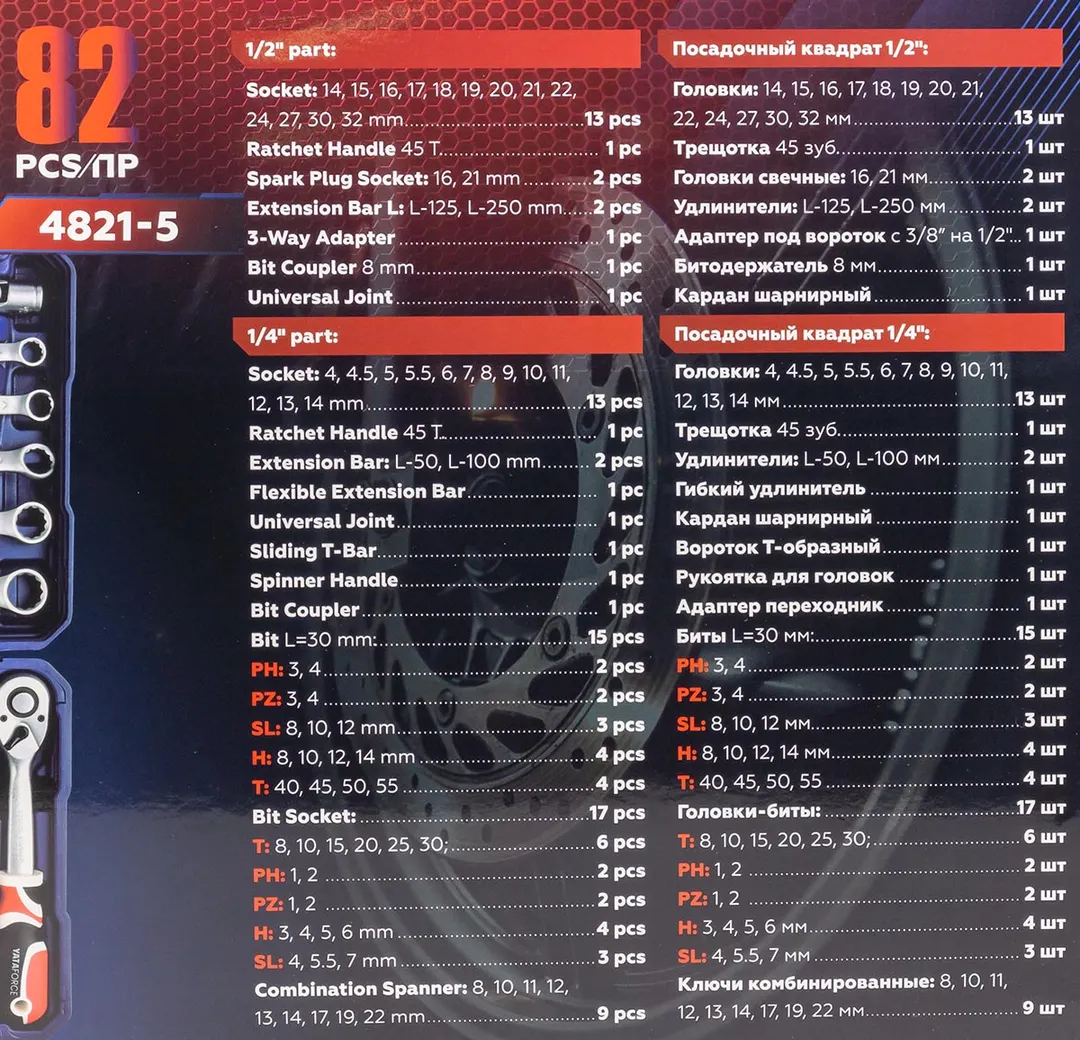 Набор инструментов 82 пр. 1/4''&1/2'' 6-гр. YATAFORCE YF-4821-5