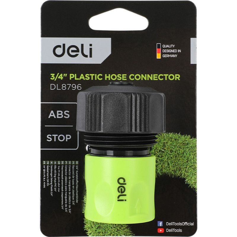 Соединитель-коннектор для шлангов Deli GS EDL8796, 3/4", быстросъемный с аквастопом, черный, зеленый
