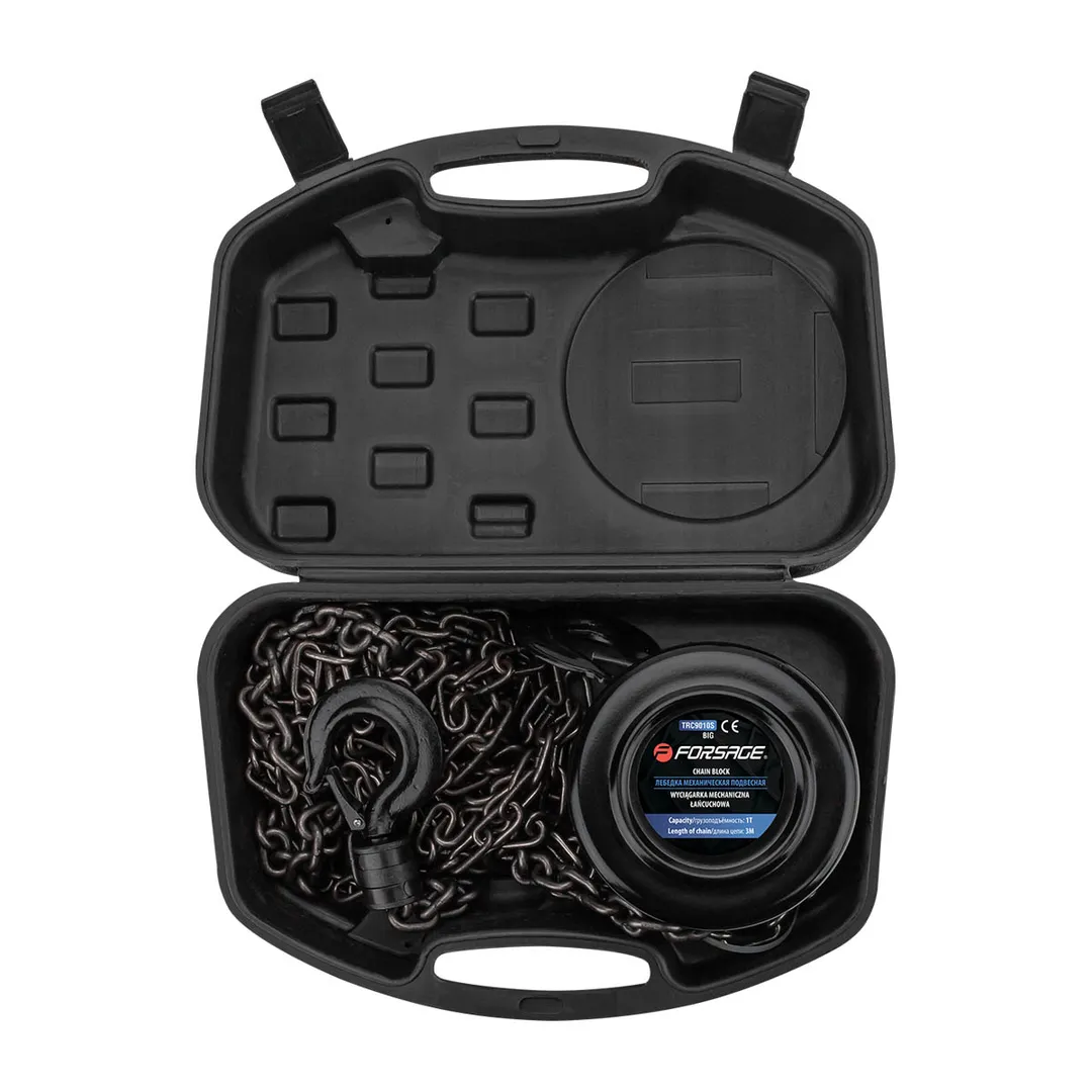 Таль механическая подвесная с фиксацией цепи натяжения, 1 т, длина цепи - 2.5 м в кейсе Forsage F-TRC9010S BIG