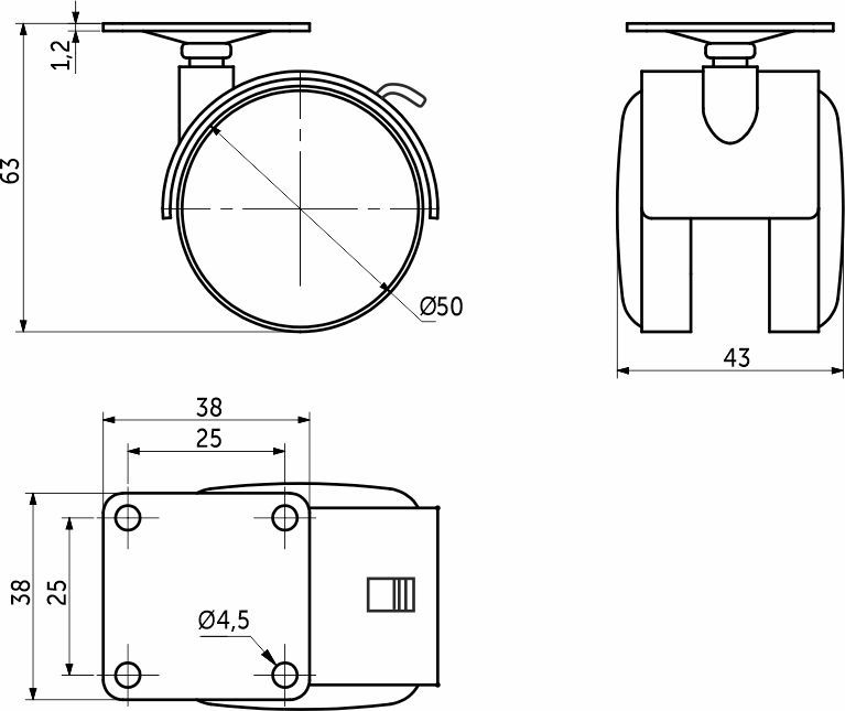 Колесо меб. пласт. d50 с площадкой с торм., серый AKS 114090