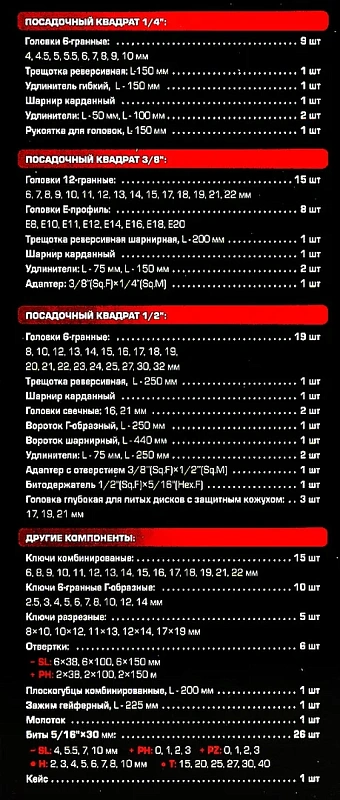 Набор инструментов 142+6 пр 1/4''&3/8''&1/2'' 6-гр RockForce RF LIGHT-41421+6