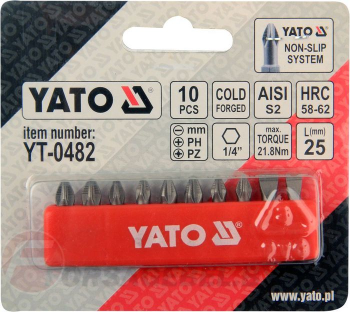 Набор бит SL, PH, PZ, 1/4''х25 мм 10 пр. S2 HRC58-62 Yato YT-0482
