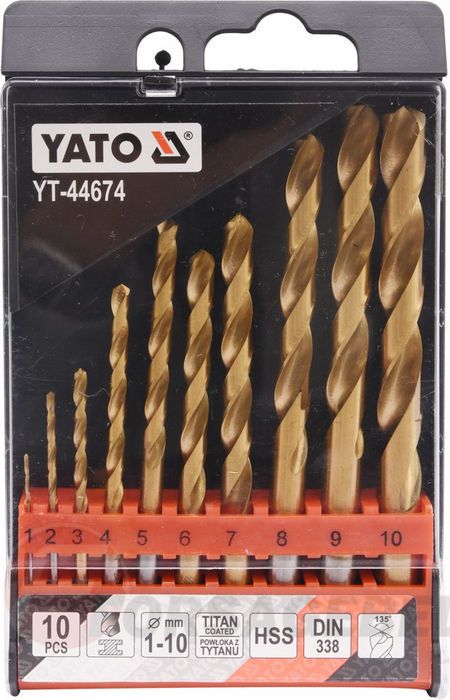 Набор сверл по металлу 1-10 мм HSS-TiN 10 пр. Yato YT-44674