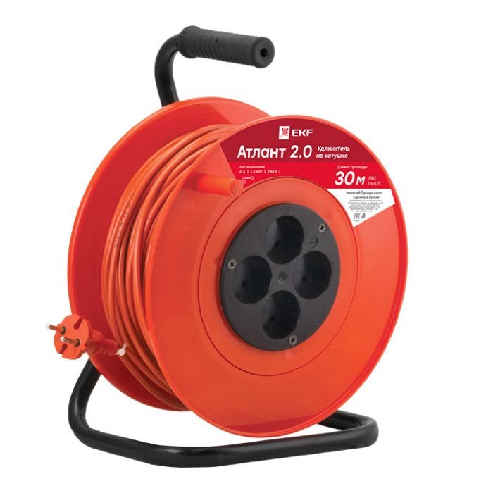 Удлинитель на катушке "Атлант 2,0" 4 гнезда 30м без заземления ПВС 2*0,75 6А/1,3кВт PROxima UKA02-06-275-4-30