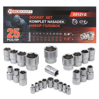 Набор головок 1/4''&1/2'', 25 пр., 6-гр. 4-32 мм ForceKraft FK-50121G