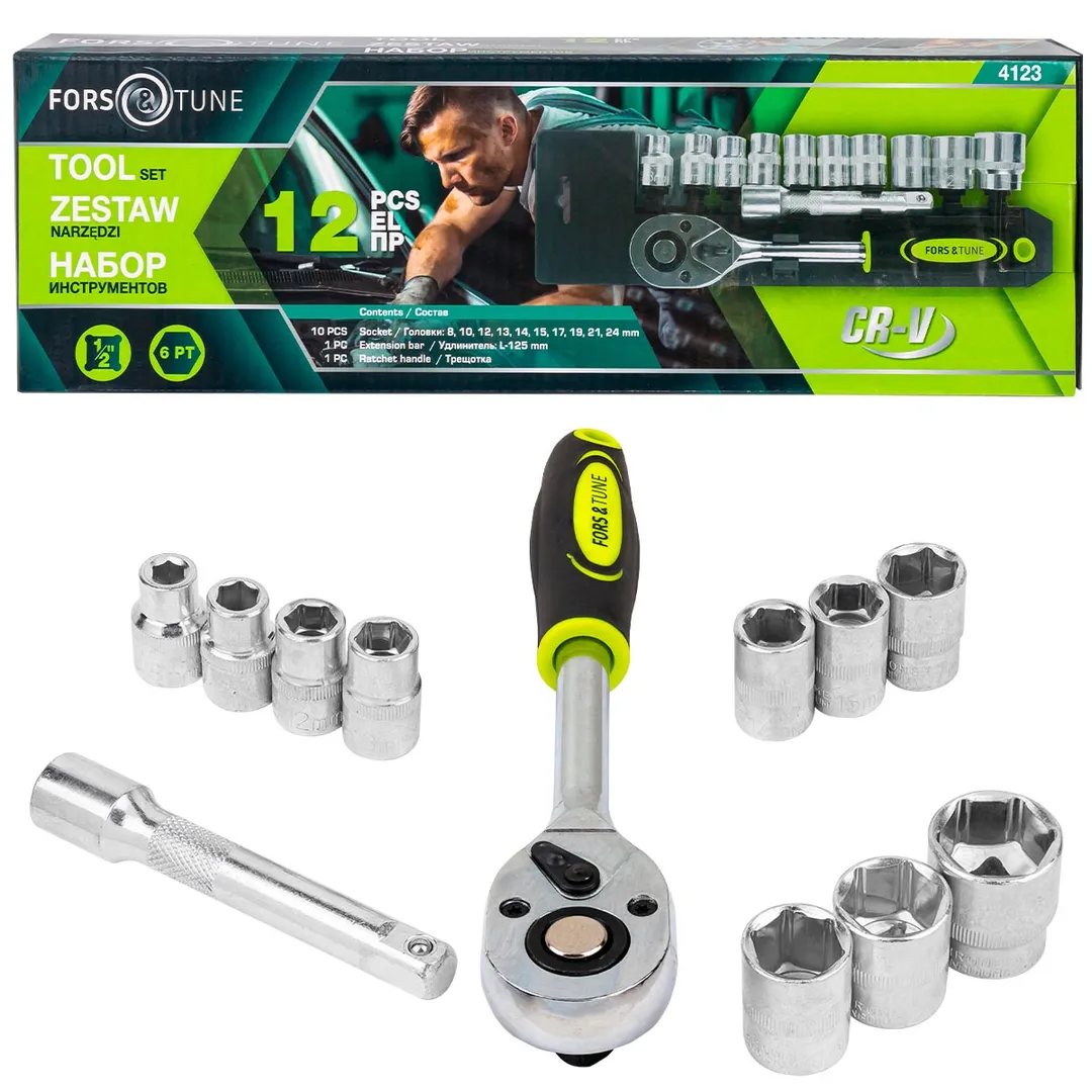 Набор головок с трещоткой и удлинителем 8-24 мм 1/2'' 6-гр 12 пр FORSandTUNE FORSandTUNE-4123