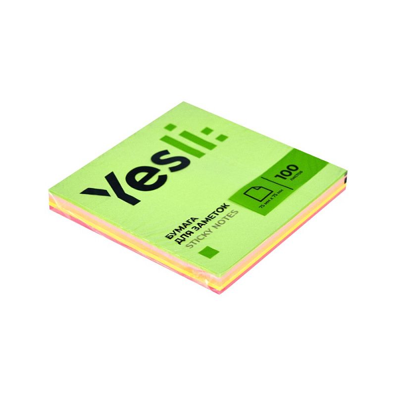 Бумага для заметок на клейкой основе "Yesli:", 75x75 мм, 100 листов,, ассорти неон