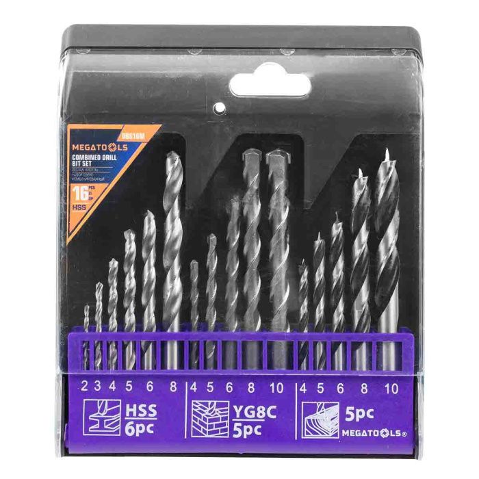Комбинированный набор сверл 16 пр, по металлу: 2-6, 8 мм, по бетону: 4-6, 8, 10 мм, по дереву: 4-6, 8, 10 мм MEGATOOLS MT-DBS16M