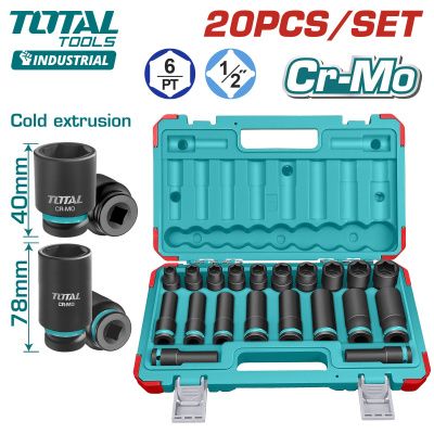 Набор глубоких и коротких ударных головок 10–24 мм 1/2" 6-гр 20 пр TOTAL THKISD12203L