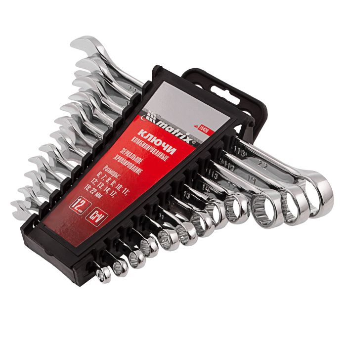 Набор ключей комбинированных, 6-22 мм, 12 шт., CrV, полированный хром Matrix 15426