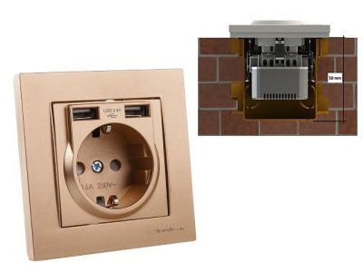 Розетка 1-ая (скрытая, с/з) + 2 USB золото, RITA, Mutlusan 22206190280