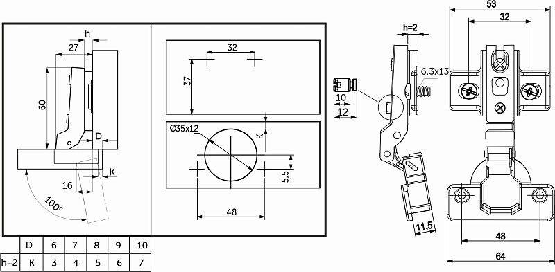 Петля полунакладная с пружиной 48мм h2 slide-on 55г, еврошурупы, AKS 113527