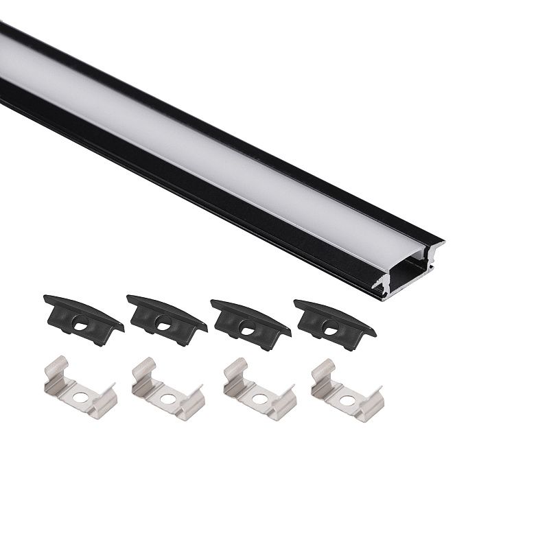 Профиль алюминиевый врезной LIRA-1707 с экраном, цвет черный, 2м, в комплекте 4 заглушки и 4 крепления, AKS 121505