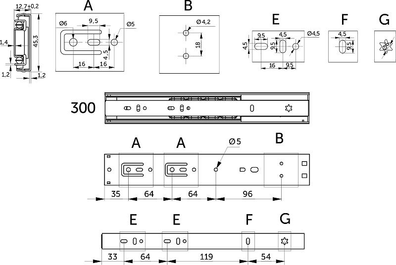 Направляющая шариковая L-300 h45 SOFT CLOSE A PRIME by AKS 114793
