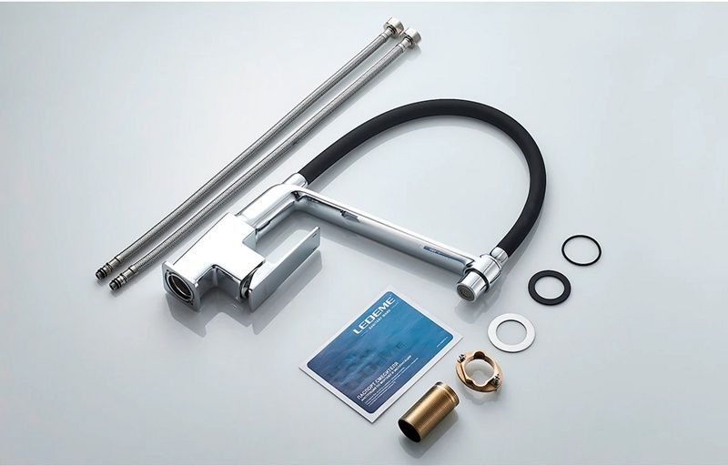 Смеситель для кухни с гибким изливом, латунь, хром + черный Ledeme L4078-2