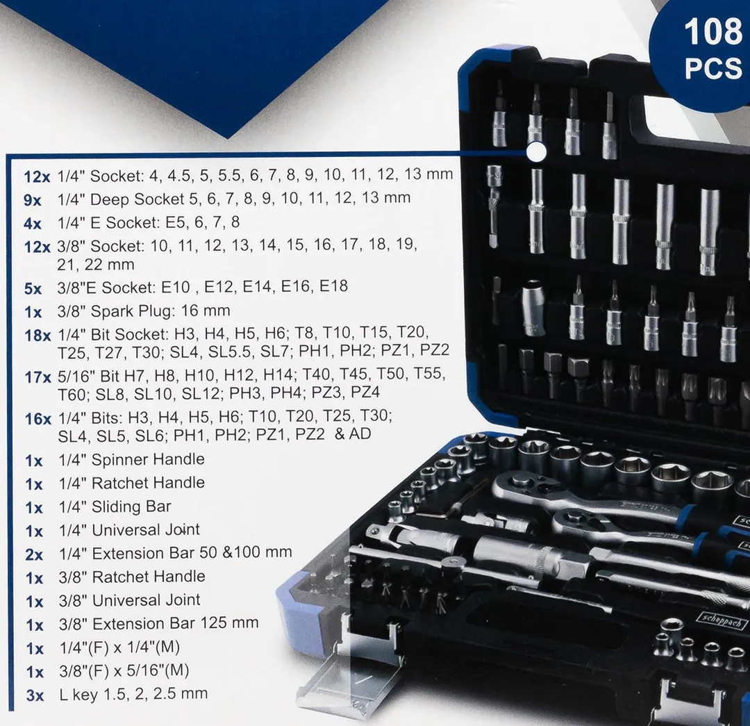 Набор инструментов 1/4''&3/8'', 108 пр. 6-гр Scheppach Sch-41082-5DS