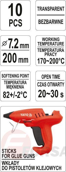 Стержни для термопистолета 7,2х200 мм. прозрачные 10 шт. Yato YT-82440