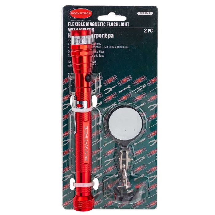 Фонарь телескопический магнитный в комплекте с зеркалом смотровым, 2 пр., 3LED, 2.27 кг, Ø35 мм, L:186-590 мм RockForce RF-686A2