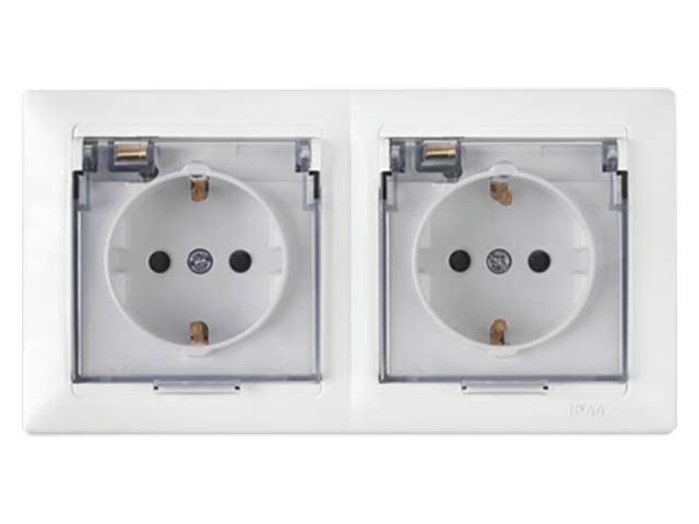 Розетка 2-ая (cкрытая, с/з, брызг. защ.) белая, Стиль, (Установка в двухместную коробку) Bylectrica РС16-418