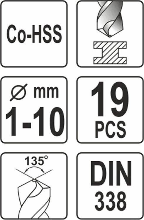 Набор сверл по металлу 1,0-10,0 мм Co-HSS 19 пр. Yato YT-41604
