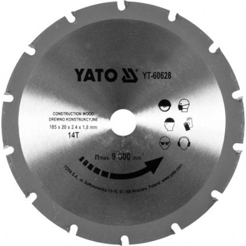 Диск пильный 185/20 14T с напаянными зубцами из твердых сплавов Yato YT-60628