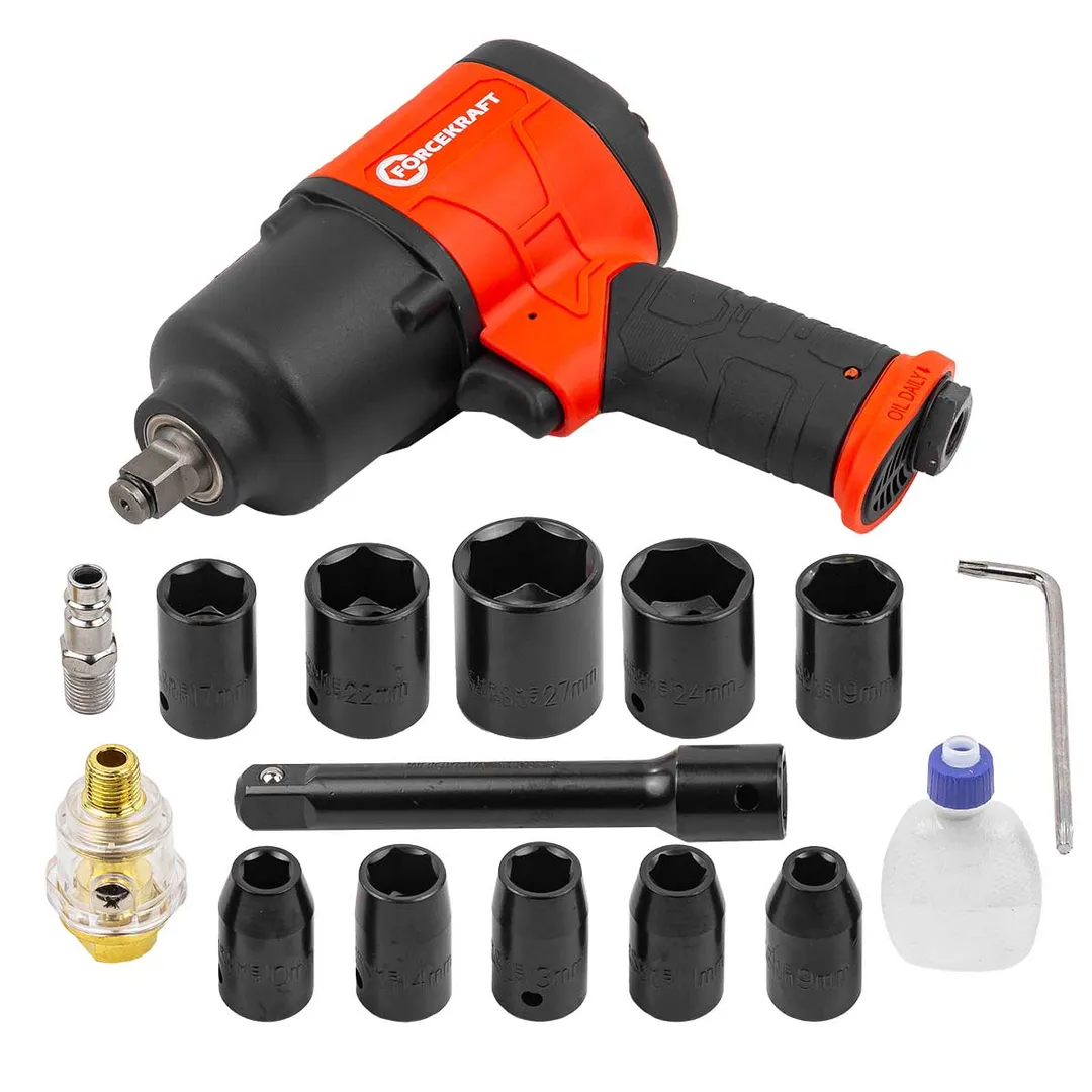 Пневмогайковерт ударный с комплектом ударных головок и удлинителем 17 пр, 1/2'' 720Нм ForceKraft FK-RT-5270K
