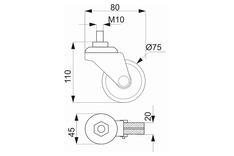 Колесо одинарное d75мм трубы d25 (512В) М10 RU 104582