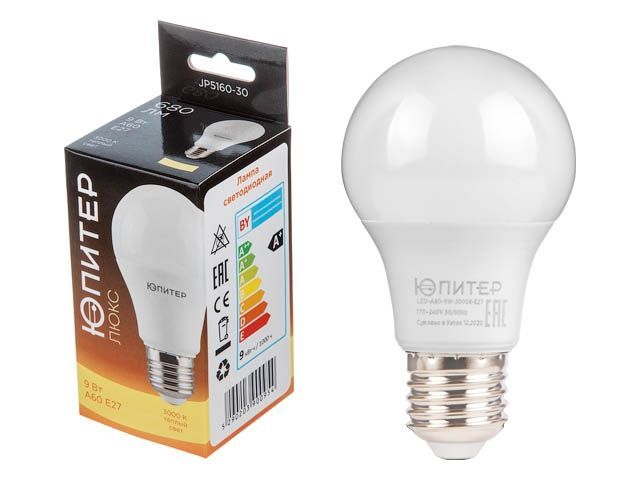 Лампа светодиодная A60 СТАНДАРТ 9 Вт 170-240В E27 3000К ЛЮКС Юпитер JP5160-30