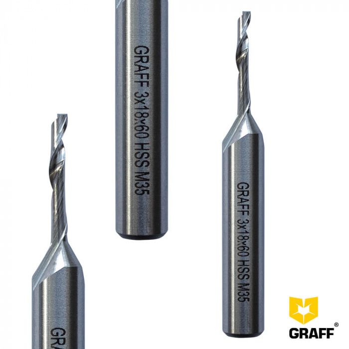 Фреза концевая по алюминию и пластику 3х18х60х8 мм однозаходная HSS M35 GRAFF 139318608