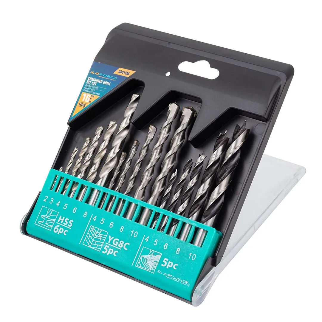 Комбинированный набор сверл 16 пр, по металлу: 2-6, 8 мм, по бетону: 4-6, 8, 10 мм, по дереву: 4-6, 8, 10 мм ILOforce IF-DBS16M