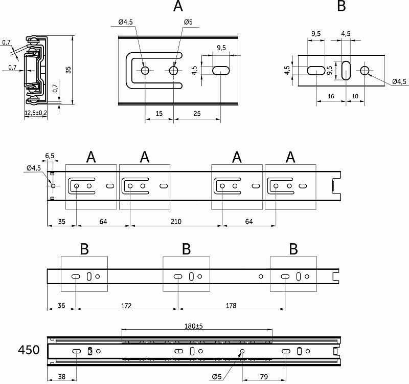 Направляющая шариковая L-450 h35 C AKS 113179
