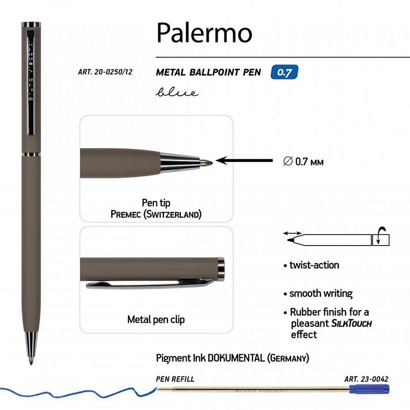 Ручка шариковая автоматическая "Palermo", 0.7 мм, серый, серебристый, стерж. синий