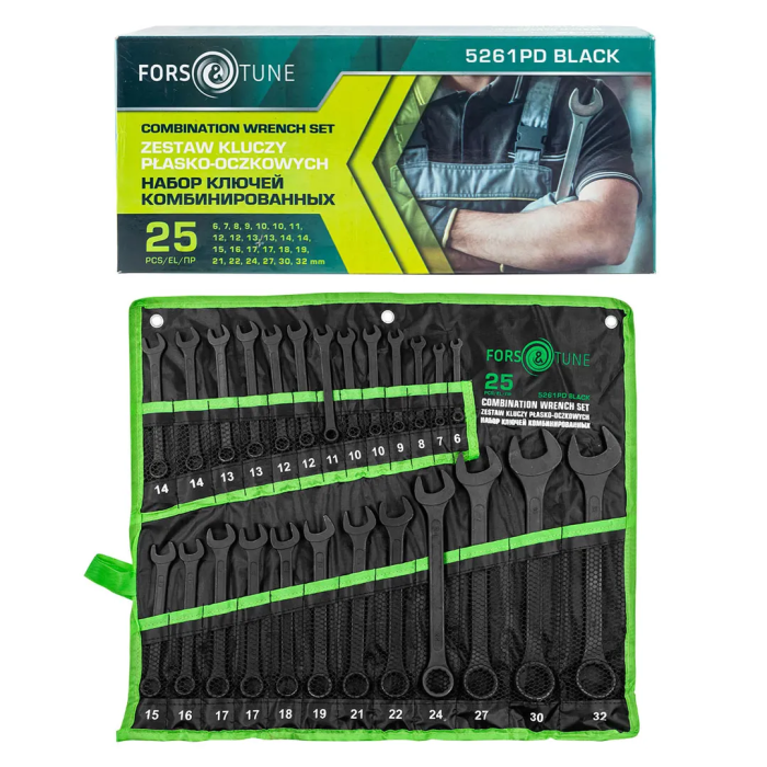 Наблор комбинированных ключей 6-19, 21, 22, 24, 27, 30, 32 мм 25 пр FORSandTUNE FORSandTUNE-5261PD BLACK