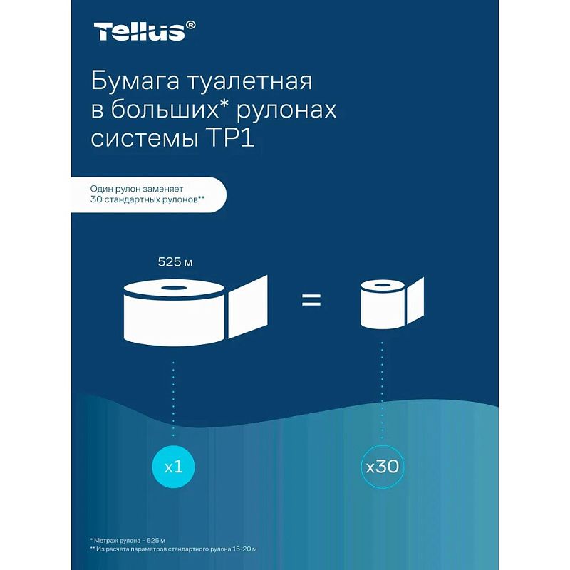 Бумага туалетная Tellus Стандарт, Т1, в больших рулонах, 525 м, 1 слой