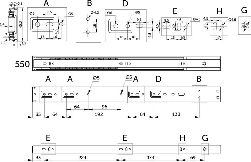 Направляющая шариковая L-550 h45 SOFT CLOSE A черный PRIME by AKS 119778