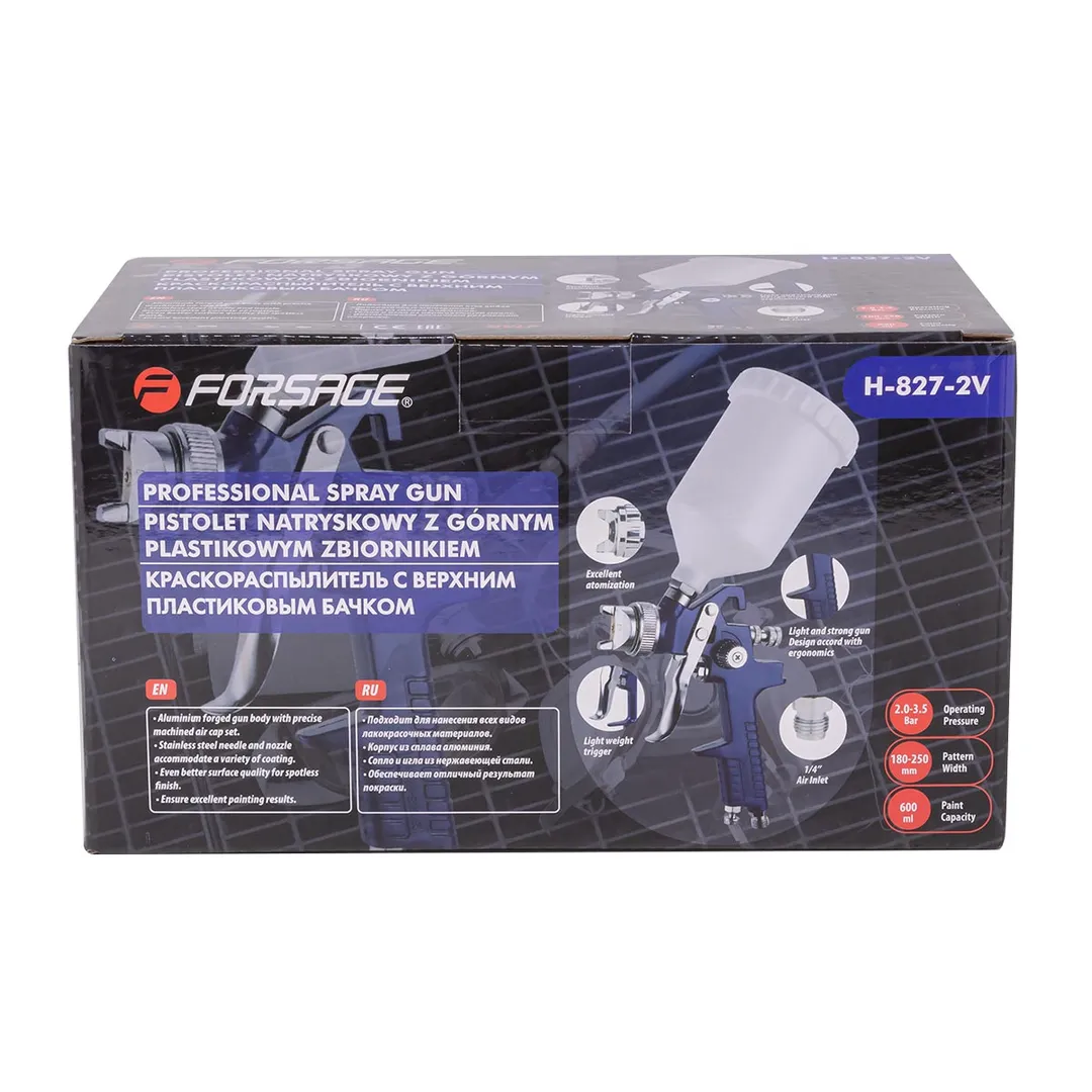 Краскораспылитель с верхним пластиковым бачком, 600 мл, 1.4 мм, 2.0-3.5Bar, 240-300л/мин Forsage F-H-827-2V