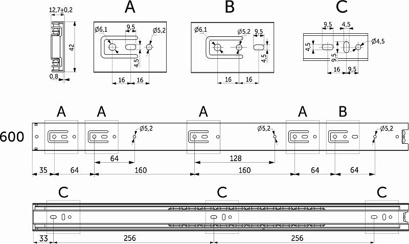 Направляющая шариковая L-600 h42 A GRIDLI 112766