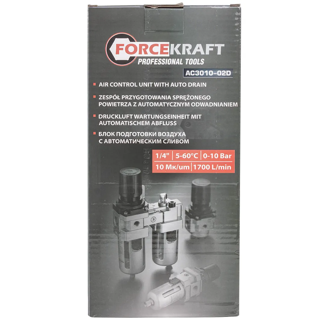 Блок подготовки воздуха, фильтр-регулятор + лубрикатор, 1/4", с автоматическим сливом ForceKraft FK-AC3010-02D