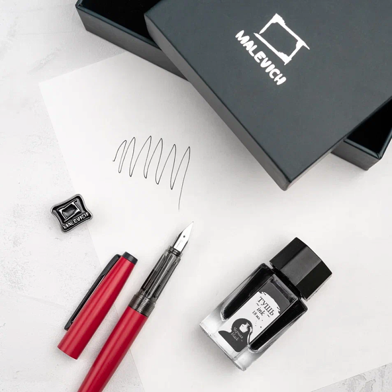 Ручка перьевая EF "Малевичъ", металл, с конвертером, набор чернила + значок, красный