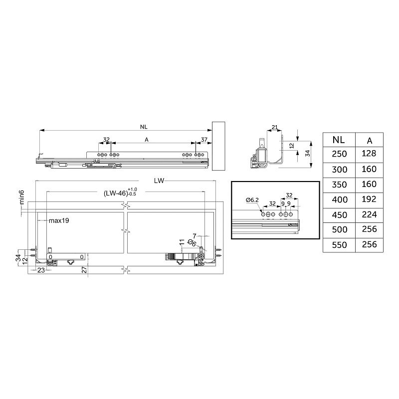 Направляющая скрытого монтажа L-300 с доводчиком ДСП до19mm с замками  QType полное выдвижение AKS 119901